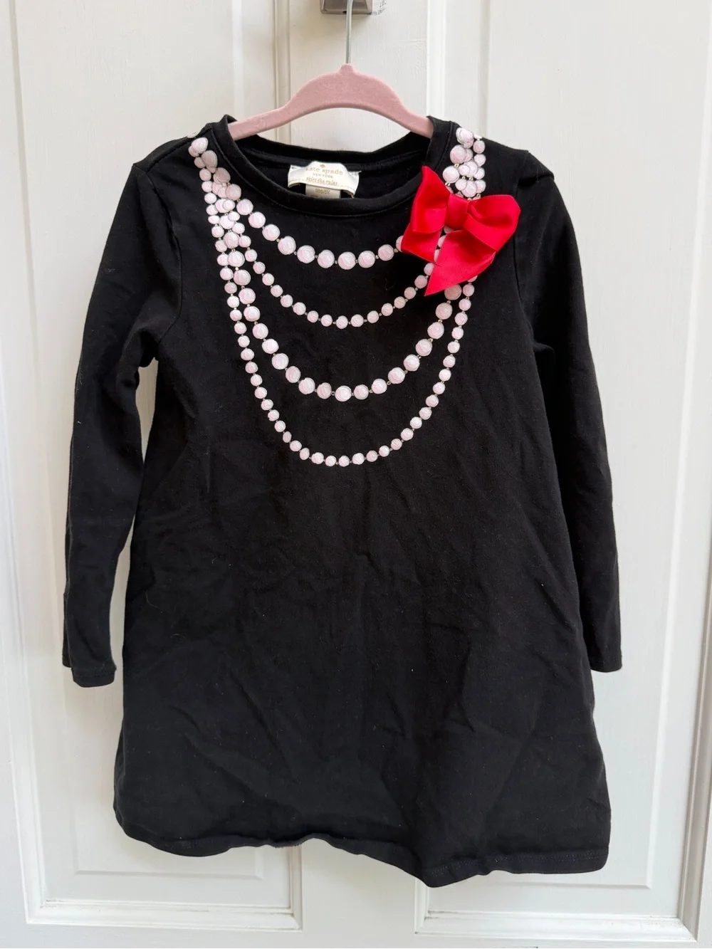 kate spade Girls 4 Y Black Long-Sleeve Dress Pink Bead Print & Red Bow Accent